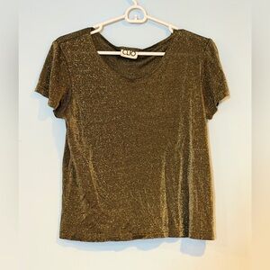 Clio Metallic Scoop Neck Short Sleeve Top in Olive Gold Small